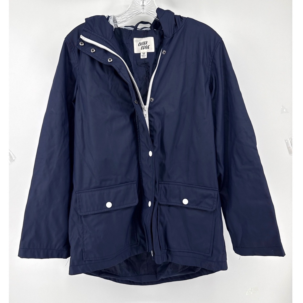 Outer Edge Navy Blue Hooded Rain Jacket Women Medium Full Zip Striped Lining